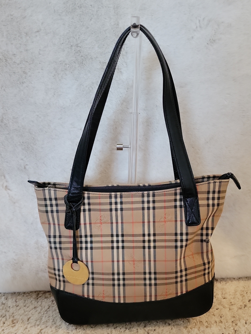 Burberry Beige Nova Check Shoulder Bag with Black Leather Trim.